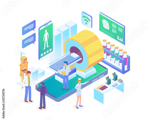Modern Isometric Modern MRI Network Medical Technology Illustration in White Isolated Background