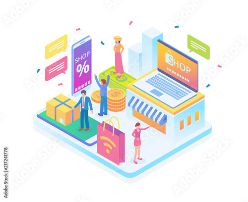 Modern Isometric Online Shopping Illustration in White Isolated Background With People and Digital Related Asset