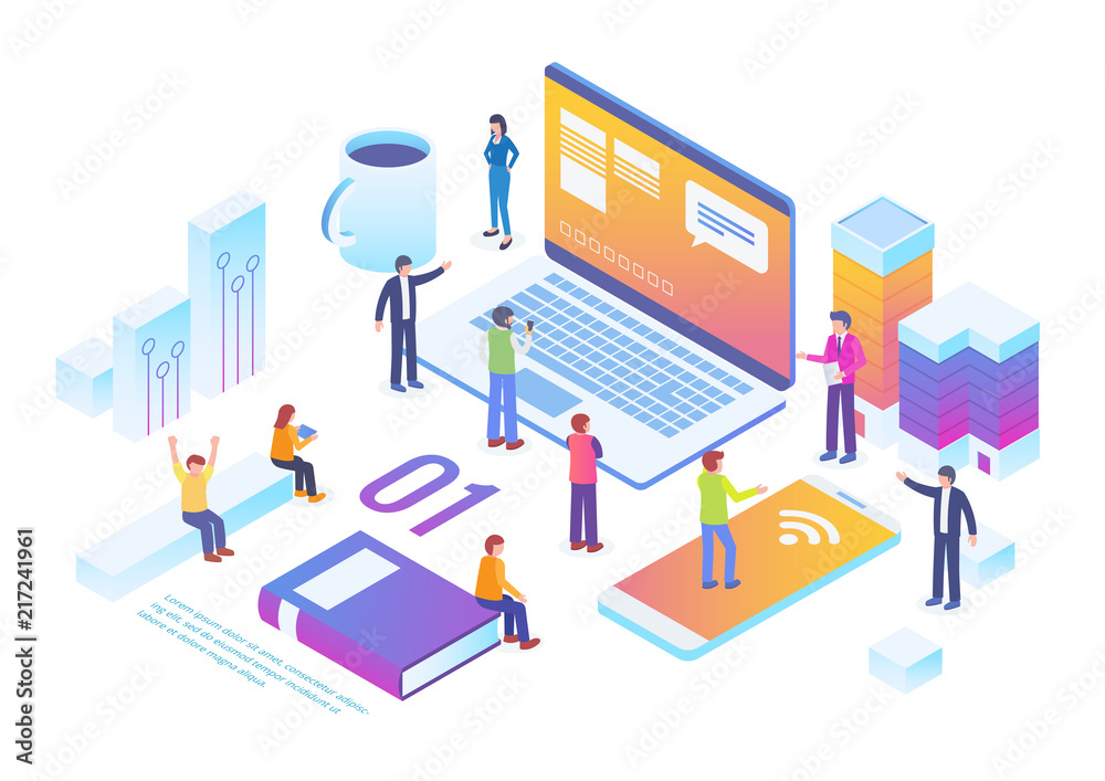 Technology Startup Isometric Composition Background With People and Digital Related Asset Illustration