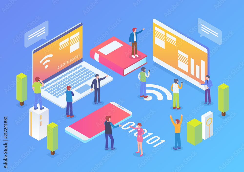 Technology Startup Isometric Composition Background With People and Digital Related Asset Illustration