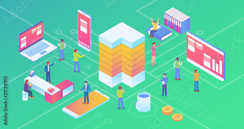 Ultra HD Resolution Technology Startup Company Isometric Composition Background With People and Digital Related Asset Illustration