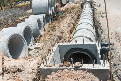 Row of Concrete Drainage Pipe on a Construction Site .Concrete pipe stacked sewage water system aligned on site.