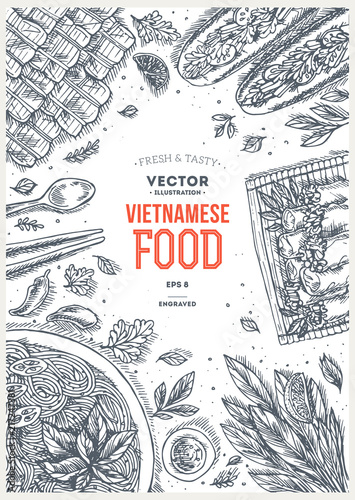 Vietnamese food. Linear graphic. Top
