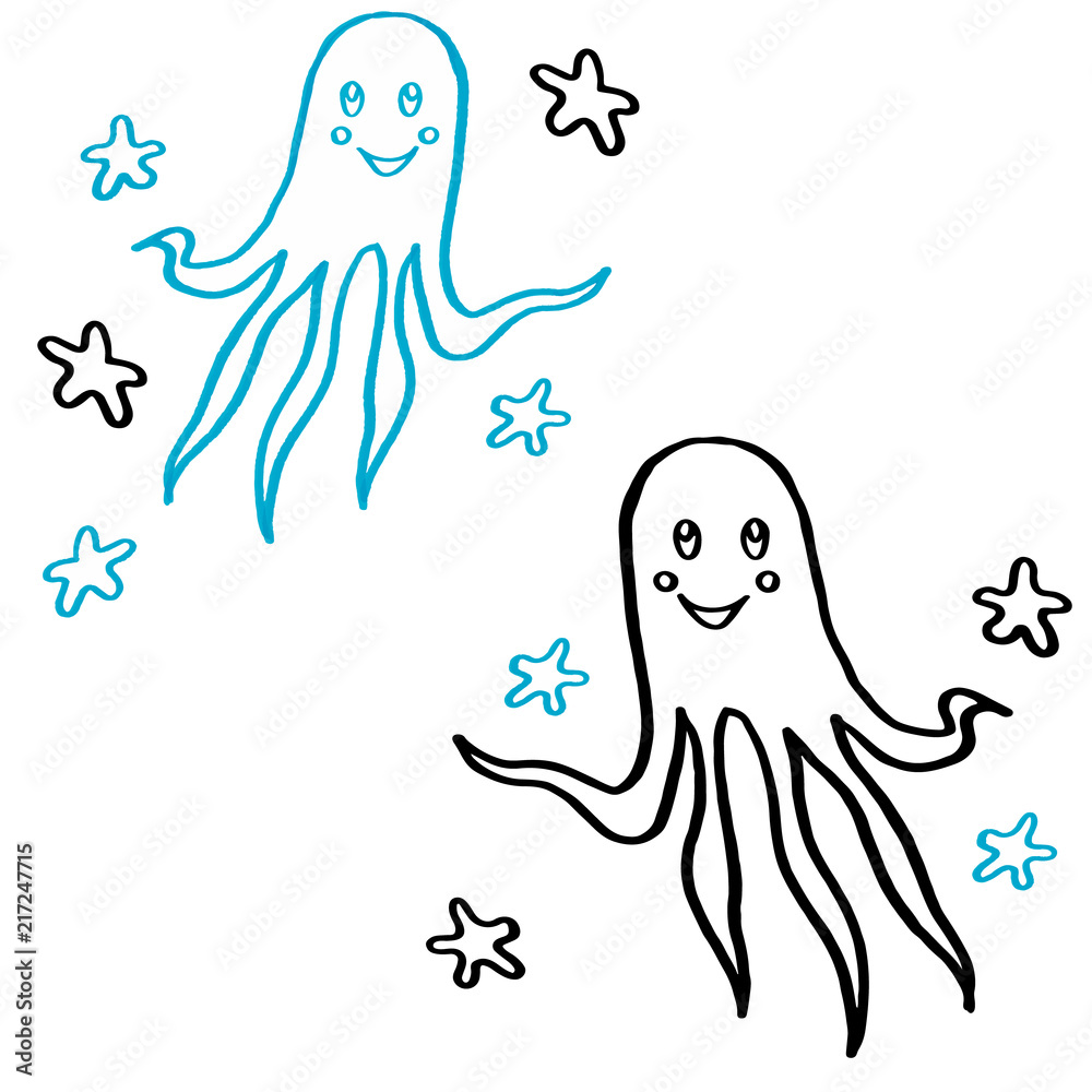Two smiling octopuses in blue and black colors with sea stars. Beautiful cute marine animals for patterns, textile, kids, interior, scrapbooking, covers, wraps gifts, design. Ocean cartoon characters Two smiling octopuses in blue and black colors with sea stars. Beautiful cute marine animals for patterns, textile, kids, interior, scrapbooking, covers, wraps gifts, design. Ocean cartoon characters
