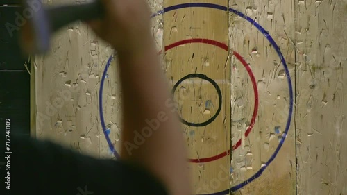 Man Throwing Axe and Hitting Wood Target in Slow Motion