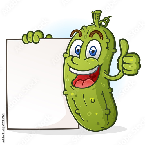 A happy green pickle cartoon Character giving a thumbs up and holding a white sign placard