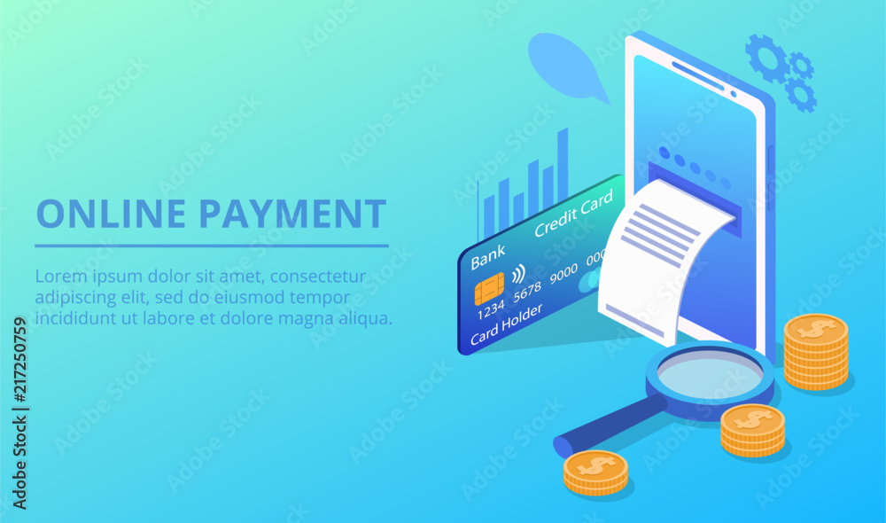 Online payment vector illustration for secure money transfer with smartphone. NFC pay or mobile web and ATM banking technology in smartphone with dollar coins, credit card and transaction receipt Online payment vector illustration for secure money transfer with smartphone. NFC pay or mobile web and ATM banking technology in smartphone with dollar coins, credit card and transaction receipt