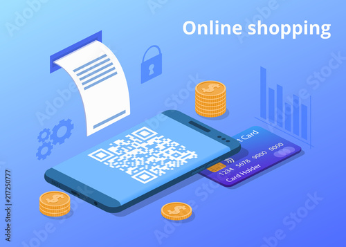 Online shopping vector illustration for digital retail and mobile trade. Credit card, money coins and shop QR code of web store purchase receipt in smartphone with secure payment technology