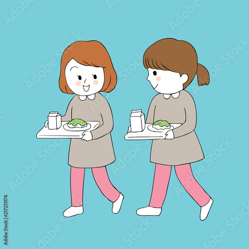 Cartoon cute friends at school canteen vector.