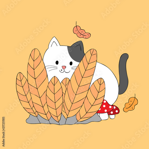 Cartoon cute Autumn cat behind bush vector.