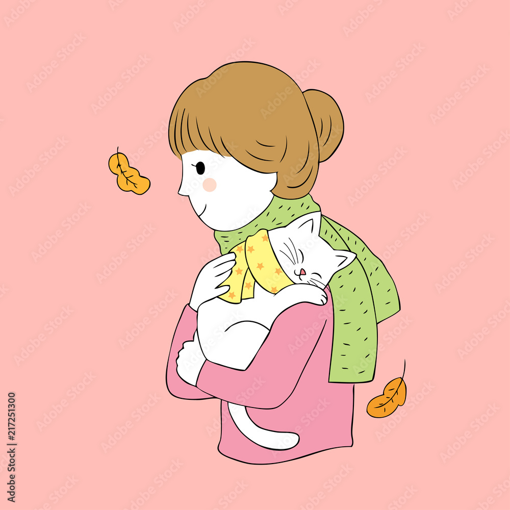 Cartoon cute Autumn woman hug cat vector. Cartoon cute Autumn woman hug cat vector.