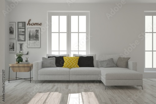 Idea of white minimalist room with sofa. Scandinavian interior design. 3D illustration