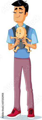 Happy Father Holding Baby in Sling Vector Illustration