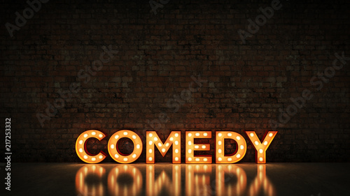 Fotografiet Neon Sign on Brick Wall background - comedy. 3d rendering