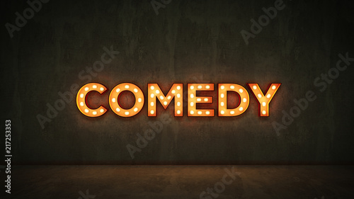 Neon Sign on Brick Wall background - comedy. 3d rendering photo