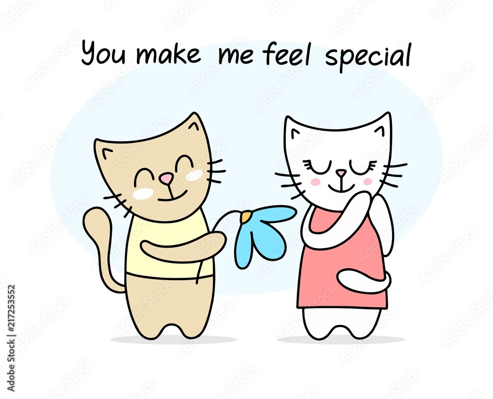 Cute cat gives the flower to his girlfriend. Happy Valentine`s day love vector illustration card Cute cat gives the flower to his girlfriend. Happy Valentine`s day love vector illustration card
