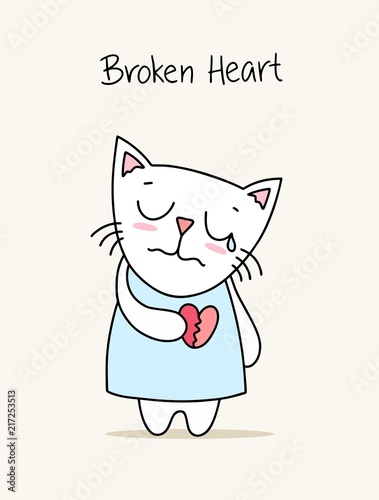 Sad crying kitty with broken heart. Cartoon animal flat vector illustration