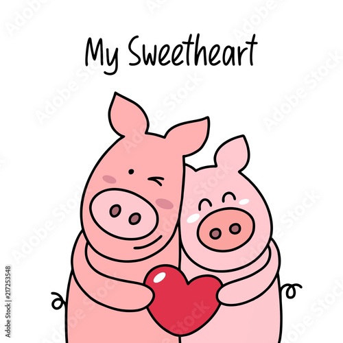 Couple of two happy pigs hugs and smiling. My sweetheart cartoon flat vector illustration card