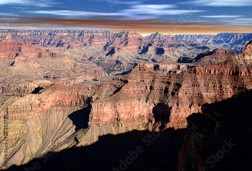 Grand Canyon Arizona with blue white and red sky