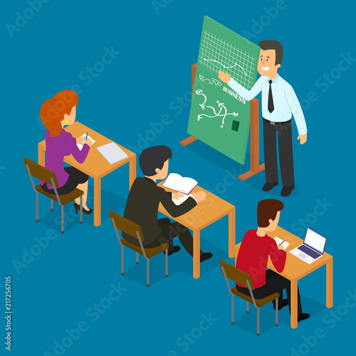 Modern business teacher giving lecture or presentation to a group of employees.