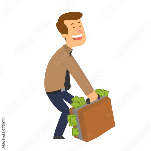 The man is carrying a suitcase with money.