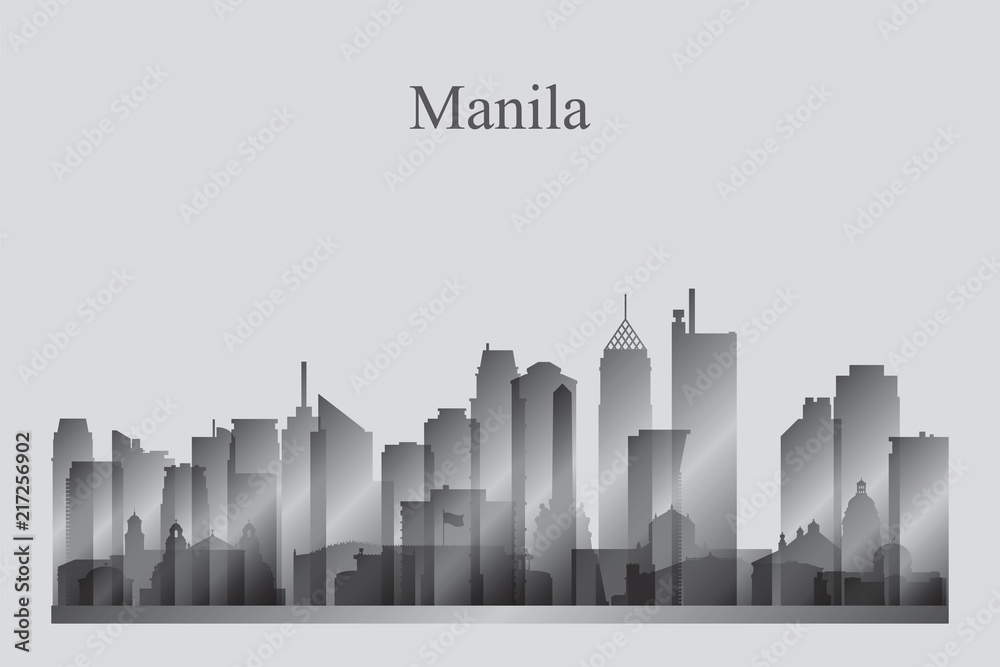 Manila city skyline silhouette in grayscale