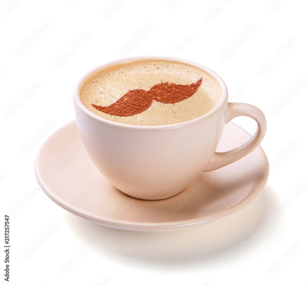 Obraz premium Cup of coffee with mustache on foam isolated