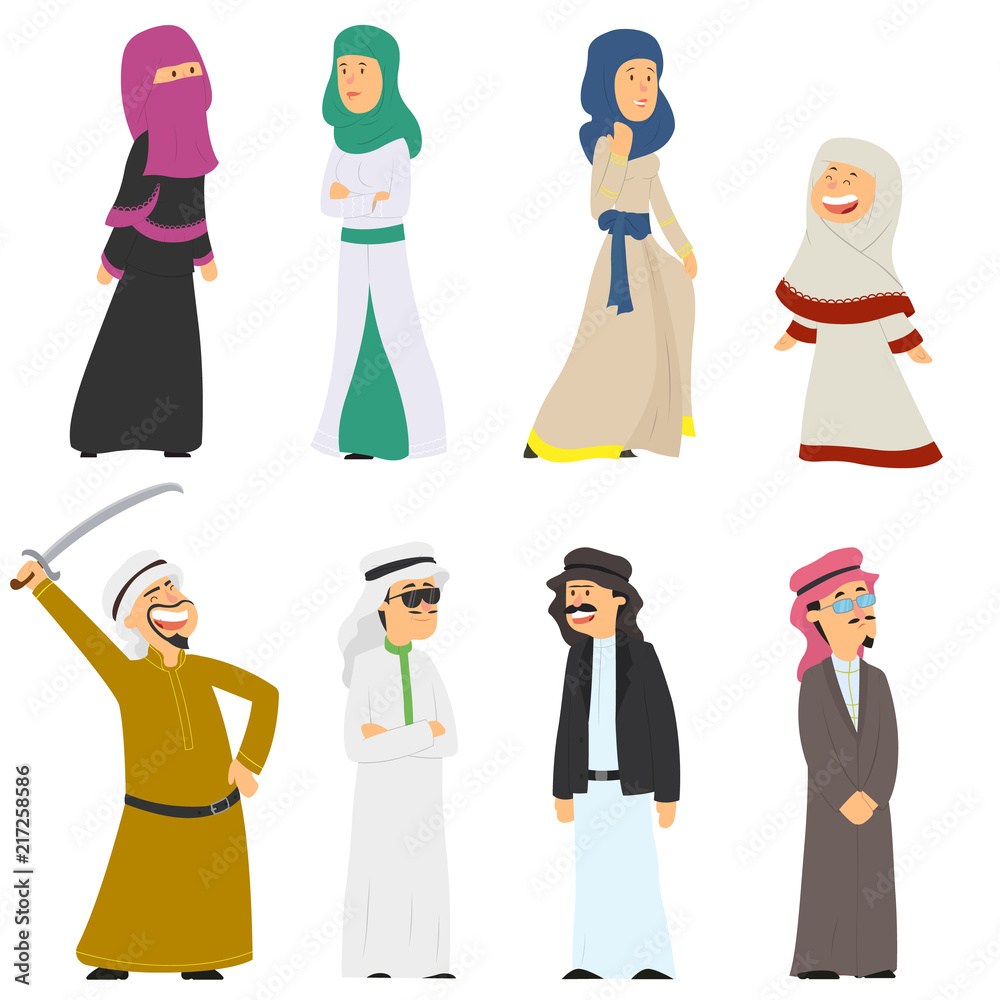 set of Arab people in national costumes isolated on white background.