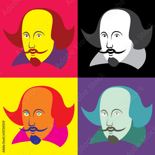 Vector illustration of William Shakespeare in four color schemes on an isolated white background