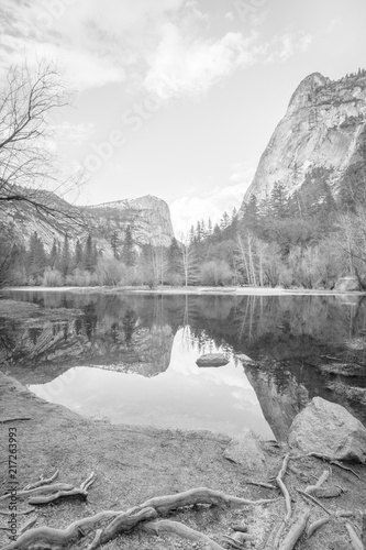 Monochrome view of lake in mountains
