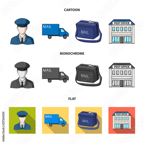 The postman in uniform, mail machine, bag for correspondence, postal office.Mail and postman set collection icons in cartoon,flat,monochrome style vector symbol stock illustration web.