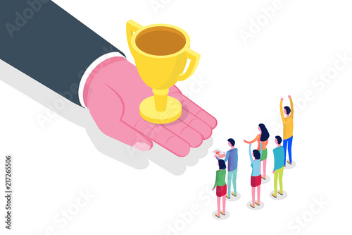 Hand give Trophy Cup. Success, Victory team concept isometric. Vector illustration.
