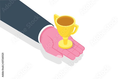 Hand give Trophy Cup. Success, Victory team concept isometric. Vector illustration.