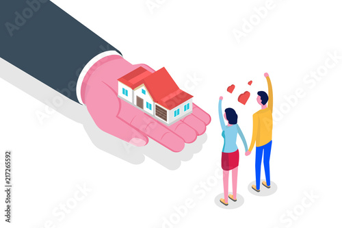 Hand give house. Real estate isometric concept. Vector illustration.