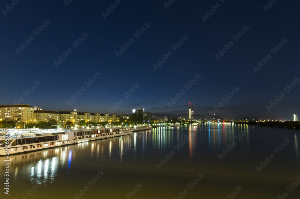 Danube river at night. Vienna city, Austria