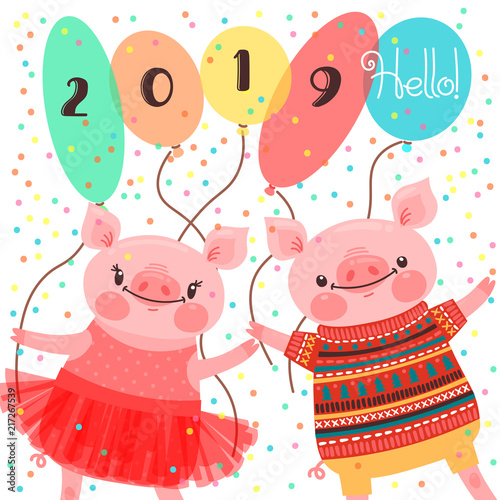 Happy 2019 New Year card. Couple of funny piglets congratulate on the holiday. Pig in ballet tutu and boar in sweater. Pig Chinese zodiac symbol of the year. Vector illustration in cartoon style