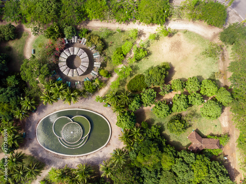 aerial view of park in Barra da tijuca, Rio de janeiro. Drone pov shows geometric shapes and patterns, including circles and elipses