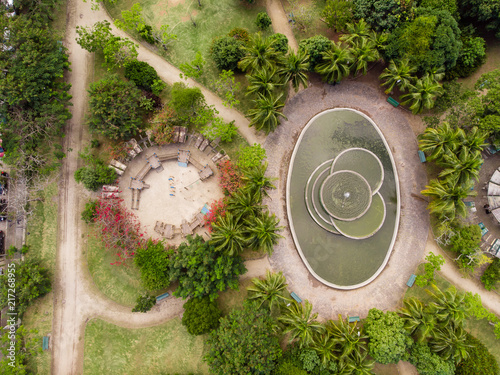 aerial view of park in Barra da tijuca, Rio de janeiro. Drone pov shows geometric shapes and patterns, including circles and elipses