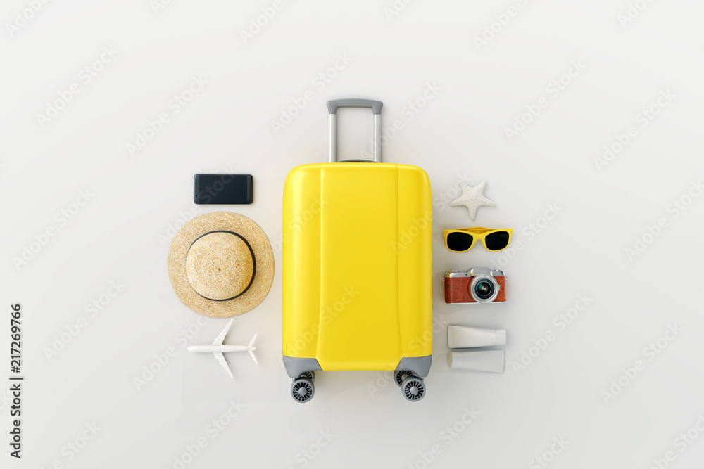 Flat lay yellow suitcase with traveler accessories on white bright background. travel concept. 3d rendering - obrazy, fototapety, plakaty 
