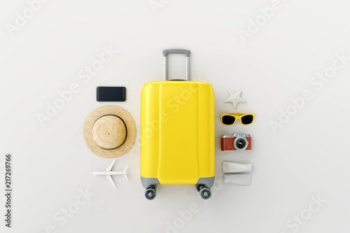 Flat lay yellow suitcase with traveler accessories on white bright background. travel concept. 3d rendering