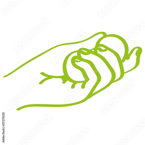 Handgezeichnete Hand hält  Kugeln in hellgrün