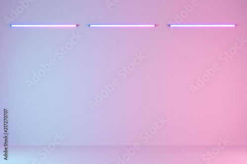 Empty studio pastel room with neon tube on wall background. 3d rendering