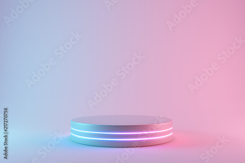 Blank product stand with neon lights on pastel colors background. 3d rendering