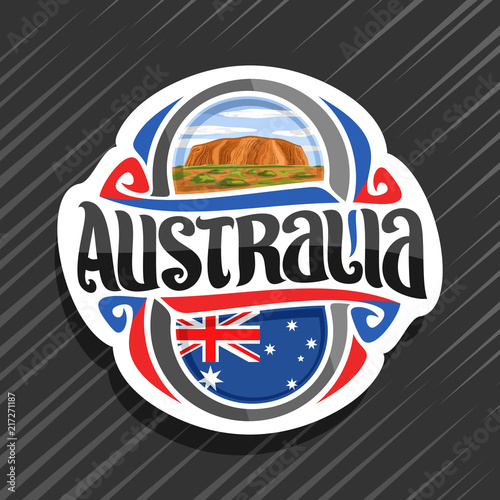 Vector logo for Australia country, fridge magnet with australian state flag, original brush typeface for word australia and national australian symbol - Uluru or Ayers Rock on cloudy sky background. photo