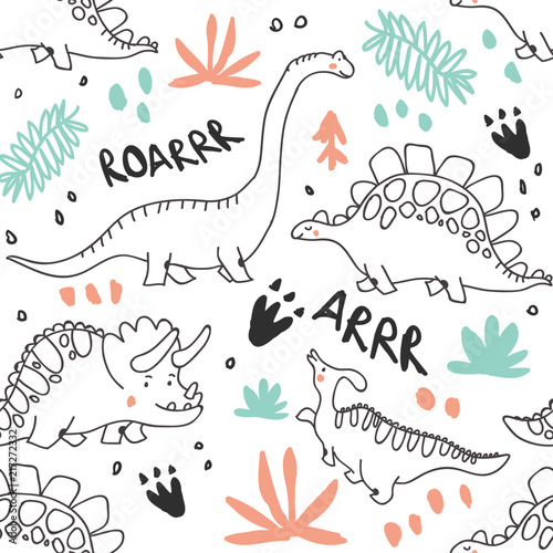 Cute dinosaurs and tropic plants seamless pattern