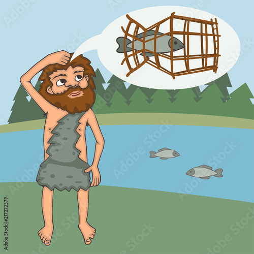stone age inventor vector cartoon
