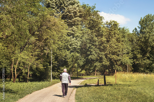 back view of senior man walking, old person at park 