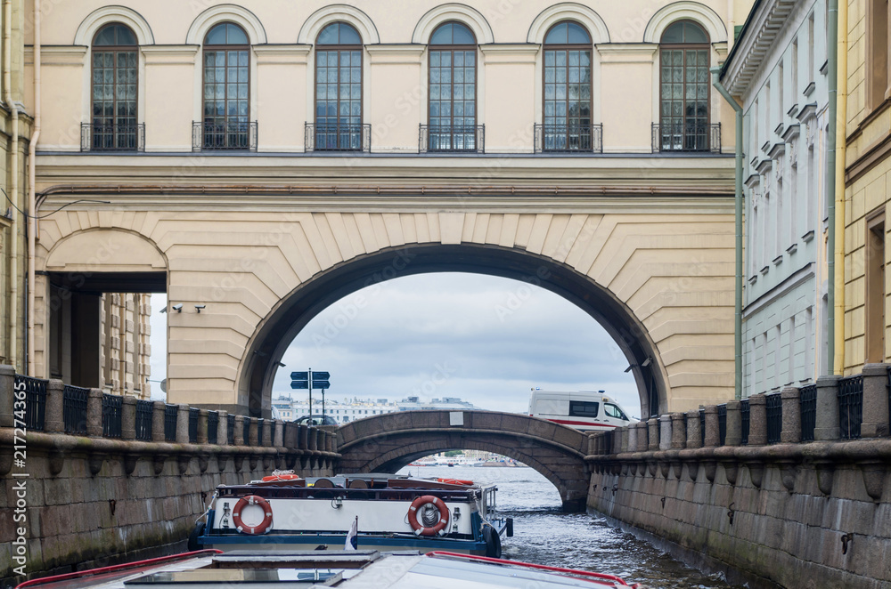 Explore Saint-Petersburg by river tram. Historic centre of Russia.