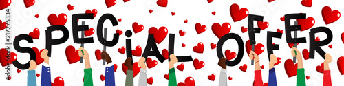 Diverse hands holding letters of the alphabet created the word Special Offer. Vector illustration.