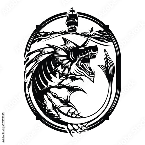 dragon monster under the sea with a pirate ship illustration